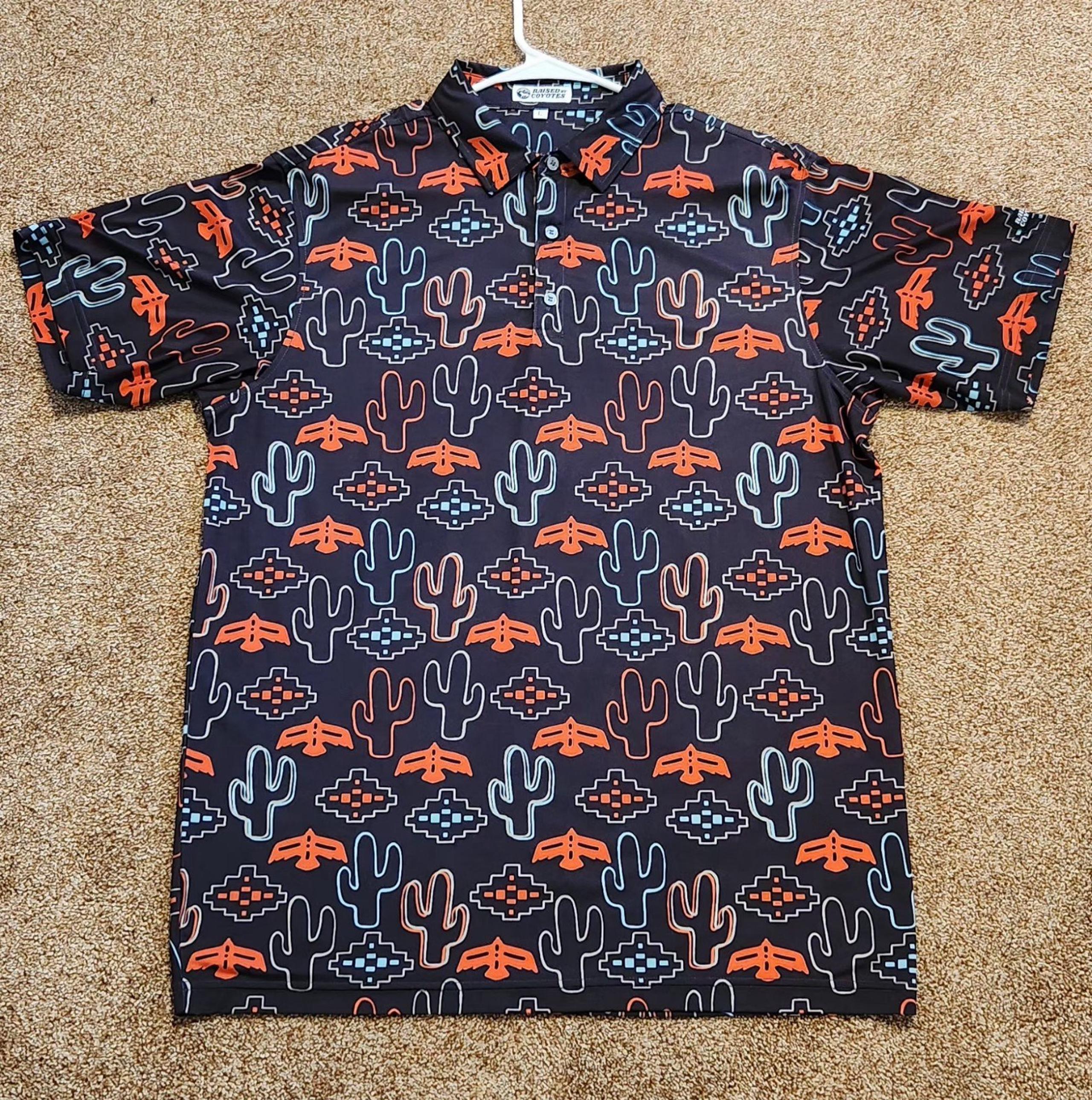 Raised By Coyotes Mens Large Desert Cactus Nights Golf Polo Southwestern Atzec