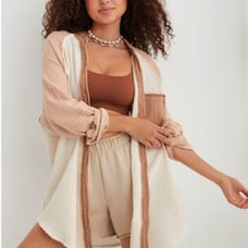 Aerie American eagle Pool to party coverup button shirt blouse oversized tan XXS