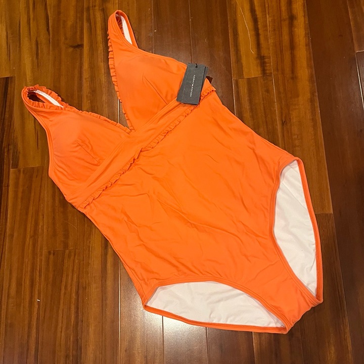 New NWT Tommy Hilfiger Orange Swimsuit Ruffled V-Neck One-Piece Swim Size 16
