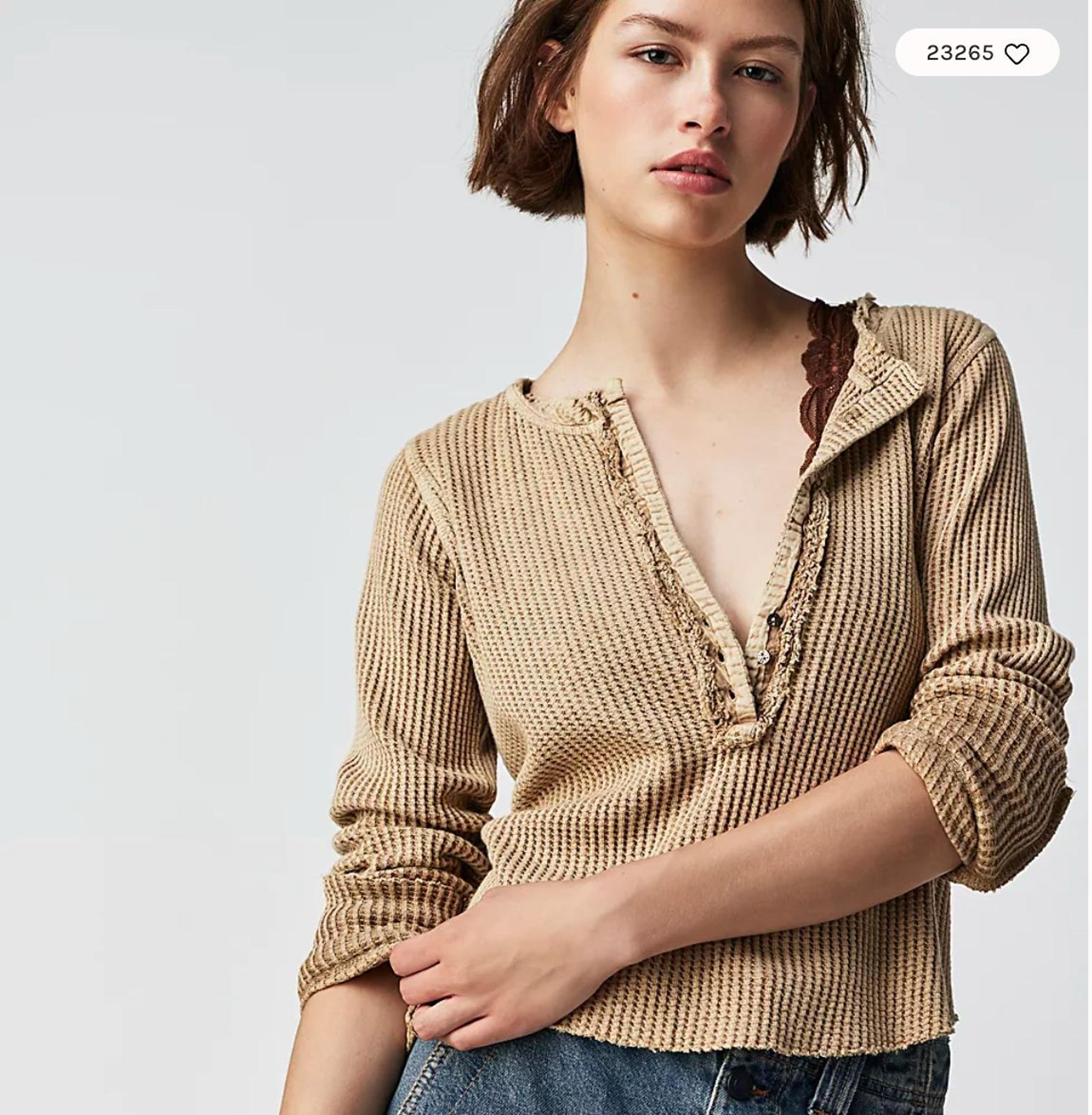 Free People One Colt Thermal Waffle Henley Round Edge Tan Women's Size Medium
