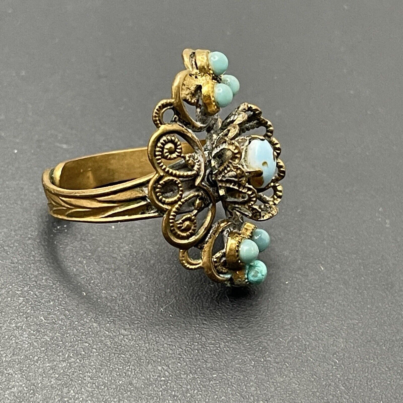 Vintage Made In Germany West Faux Turquoise Filigree Brass Ring Adjustable Sz 8