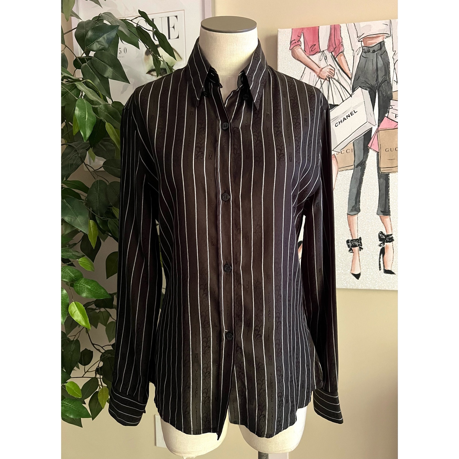 Versace Classic V2 Womens Vintage 90s Striped Logo Button Down Shirt