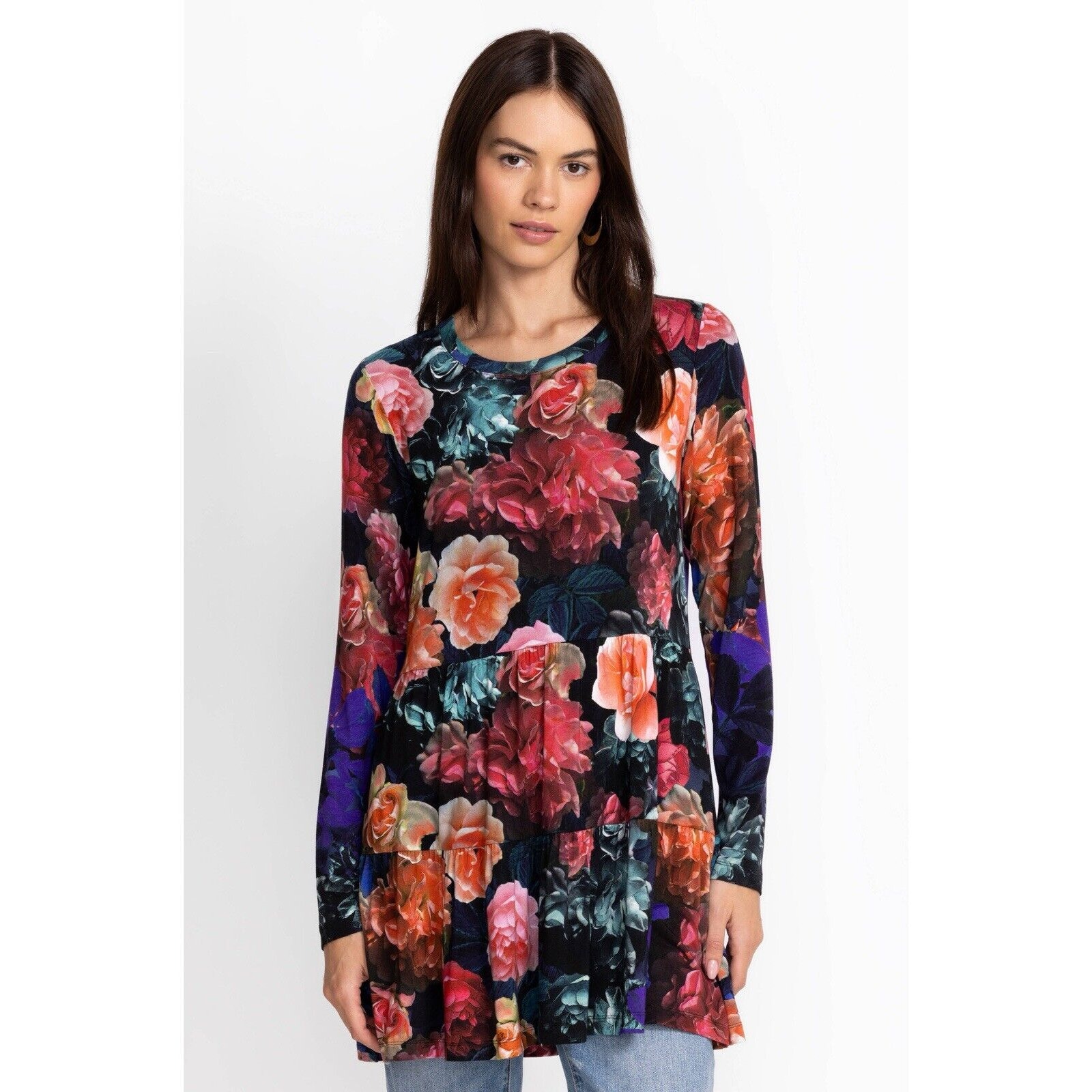 Johnny Was Tiered Floral Tunic Mini Top Dress Boho Colorful Long Sleeve Sz XXS