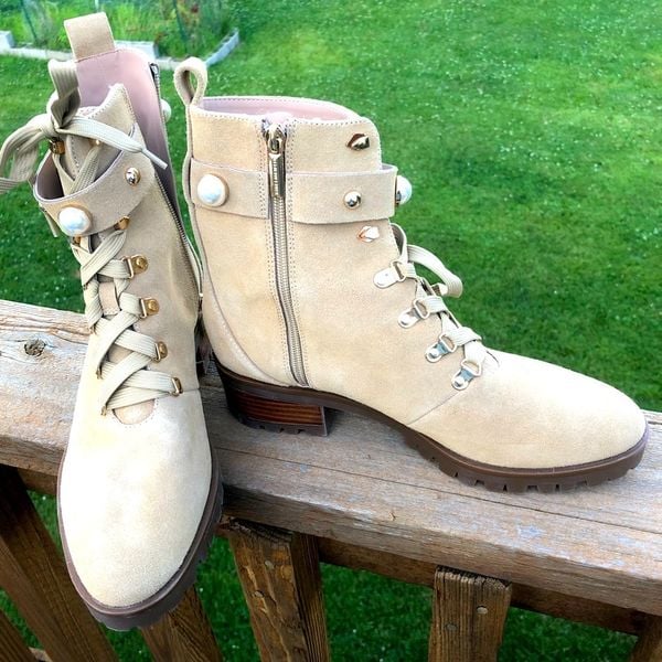 Karl Lagerfeld pearl and gold stud embellished leather lace up boots, size 10