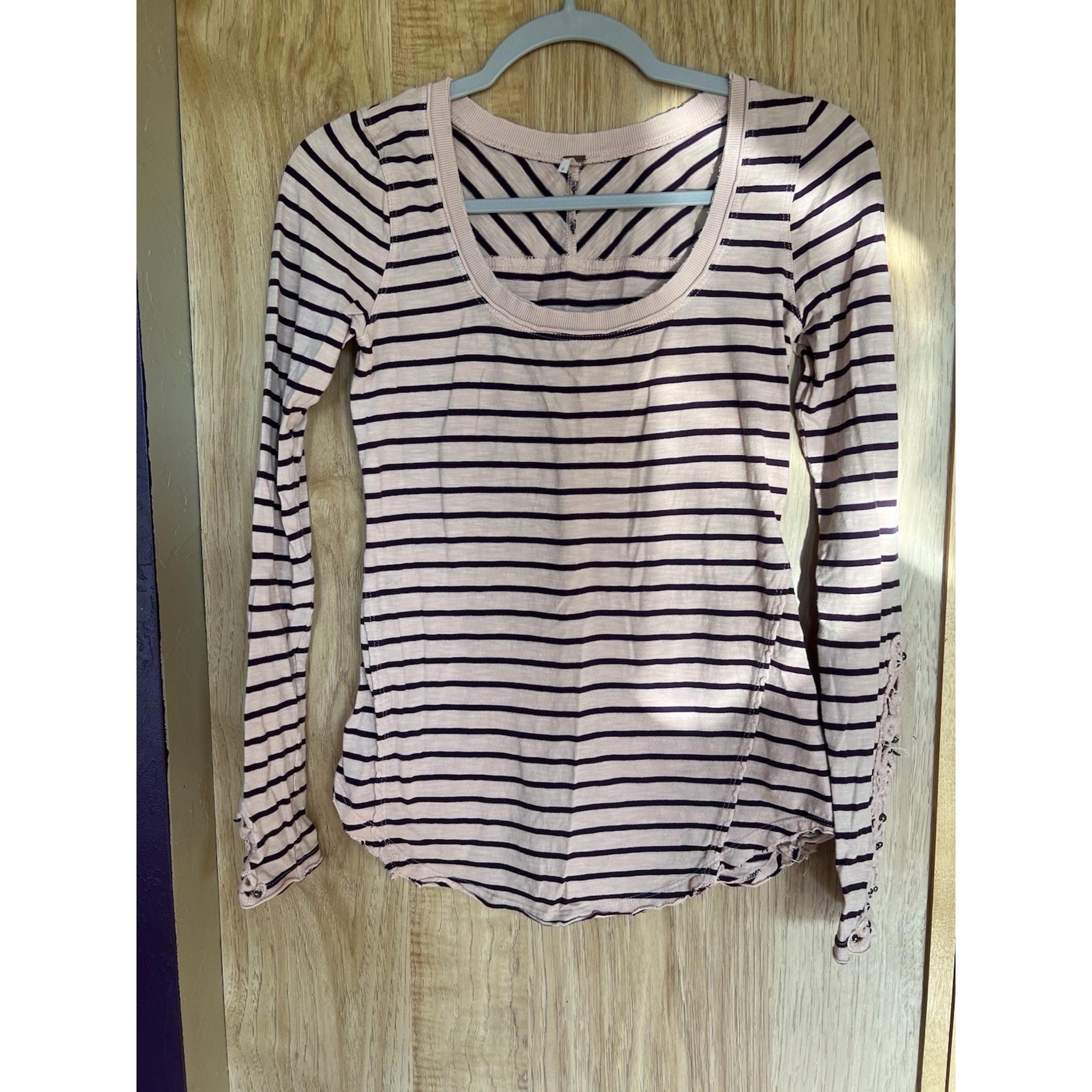 Free People Our Song Henley Cuff Long Sleeve Crochet Sleeve Small Pink Stripes