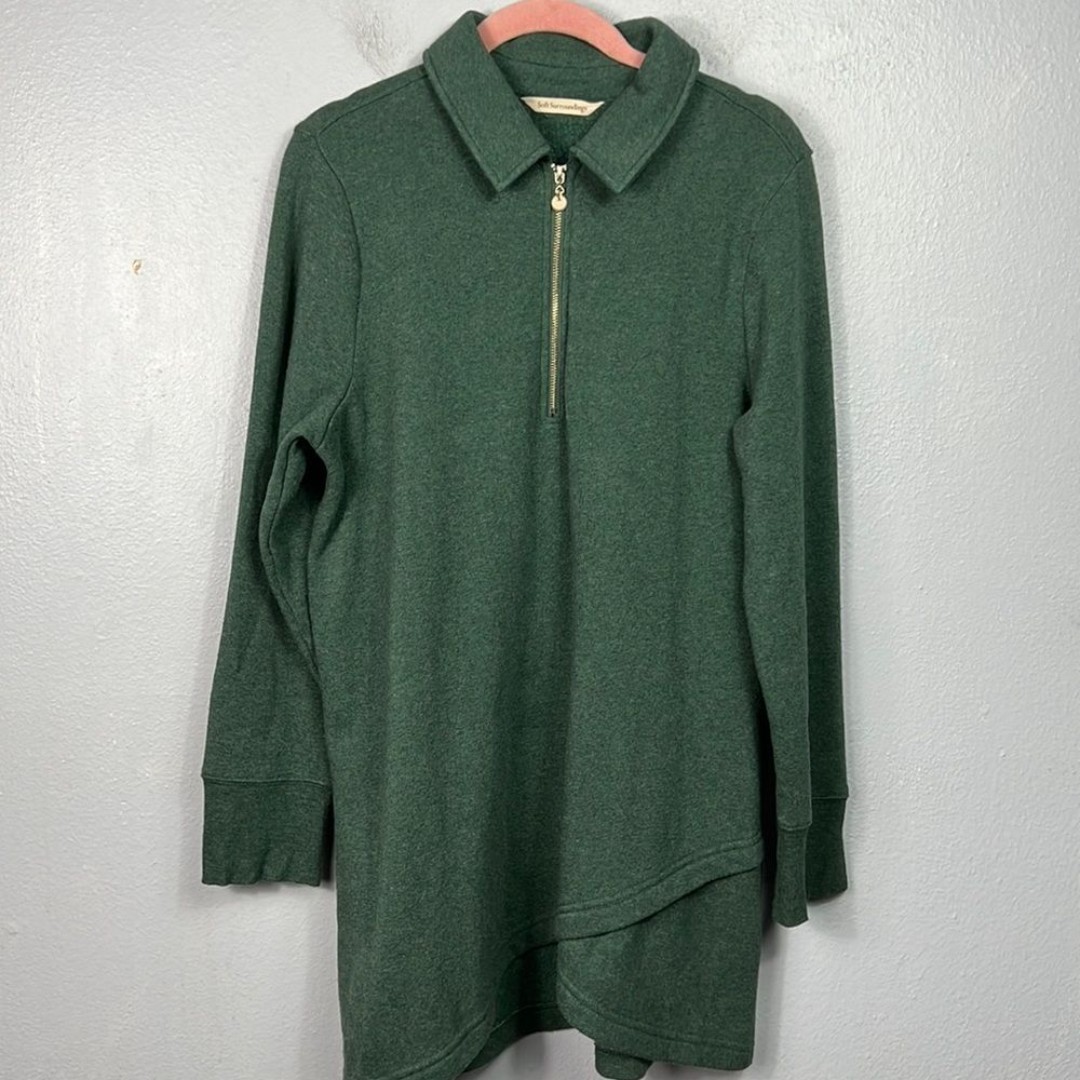 Soft Surroundings Green 1/4 Zip Fleece Long Sleeve Tunic Top Medium