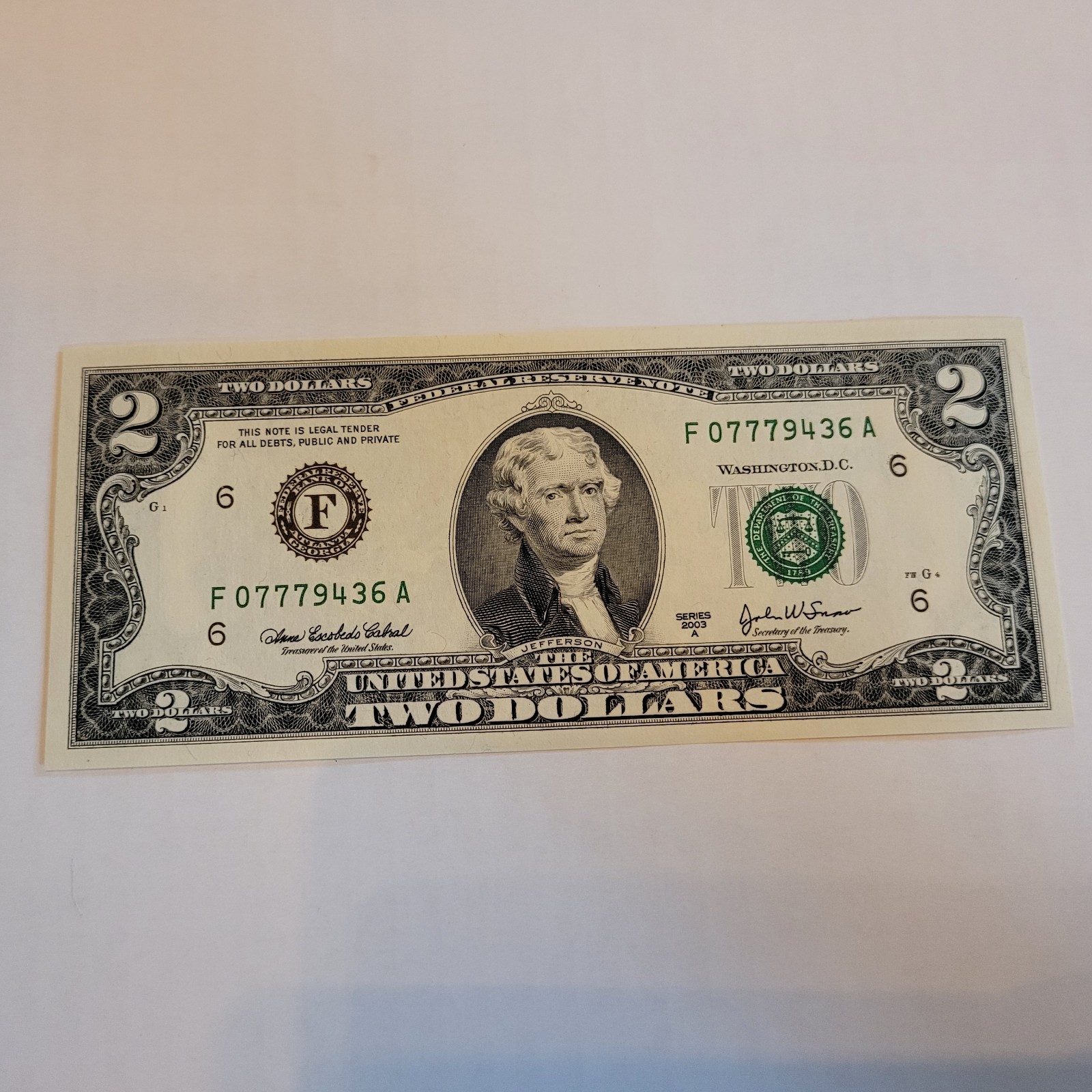 Uncirculated 2 dollar bill 777 Special Serial Number 2003 A