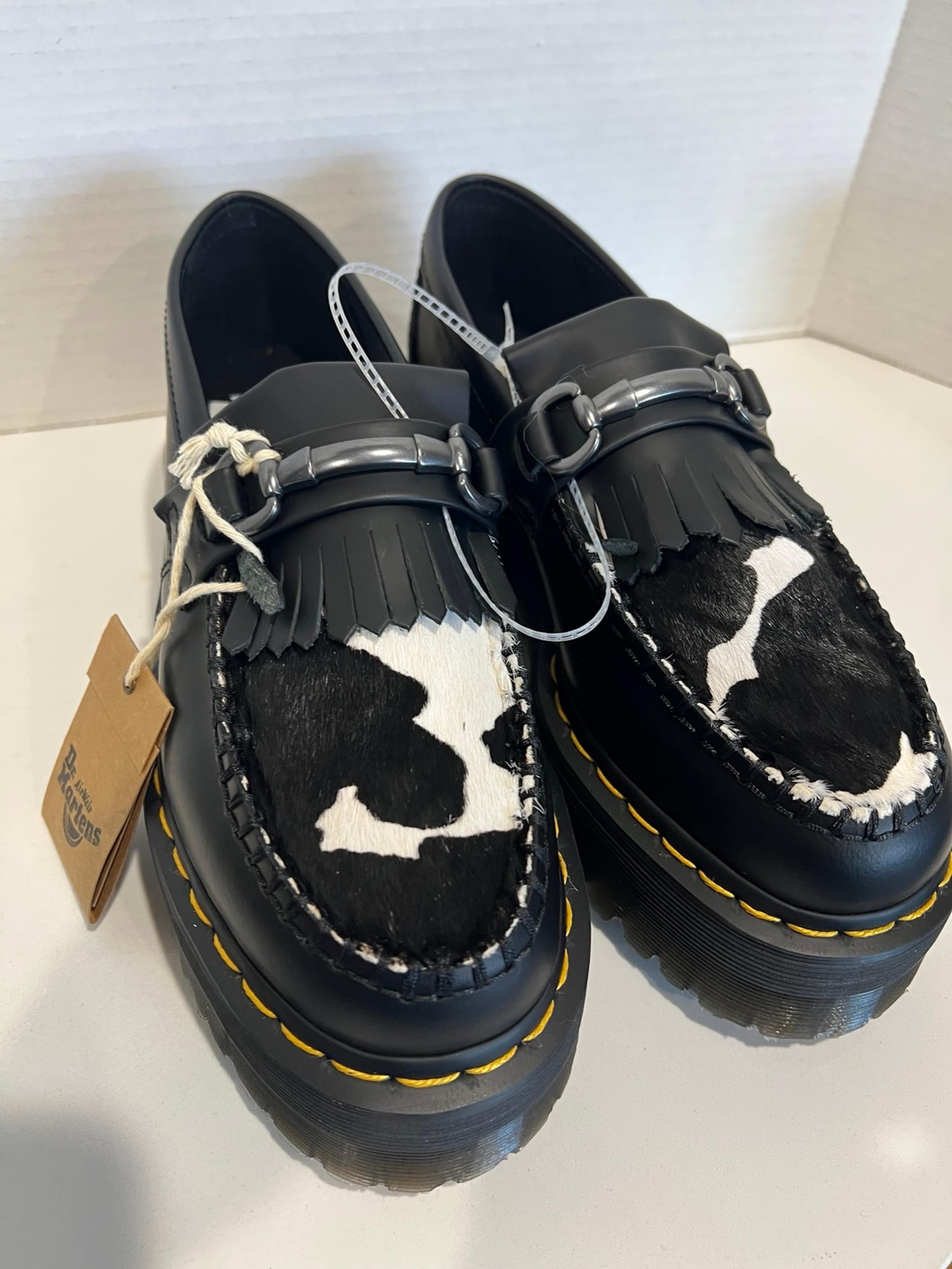 Dr Martens ADRIAN SNAFFLE HAIR ON & LEATHER COW PRINT KILTIE LOAFERS Size W7