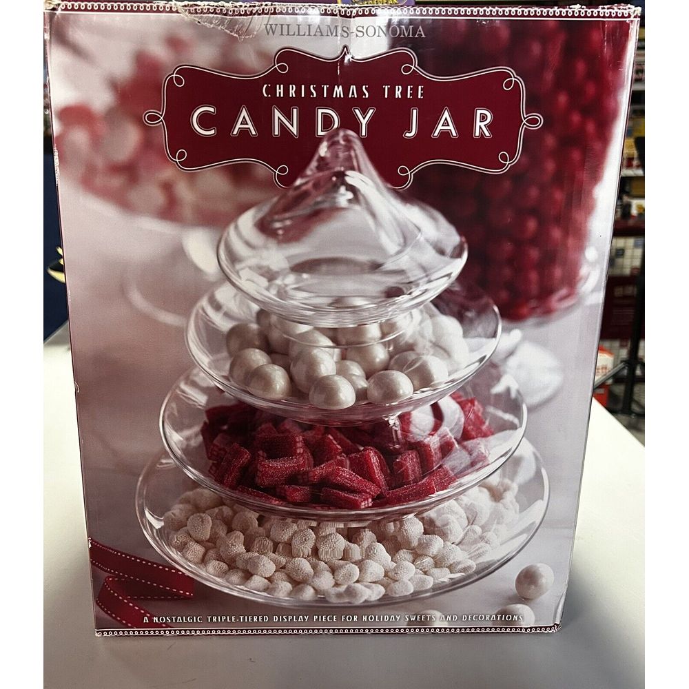 Williams-Sonoma Clear Glass Tiered Christmas Tree Candy Jar With Box