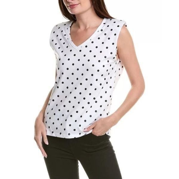 BLANK NYC Polka Dot Padded Shoulder V-Neck Tee in White/Black Size M