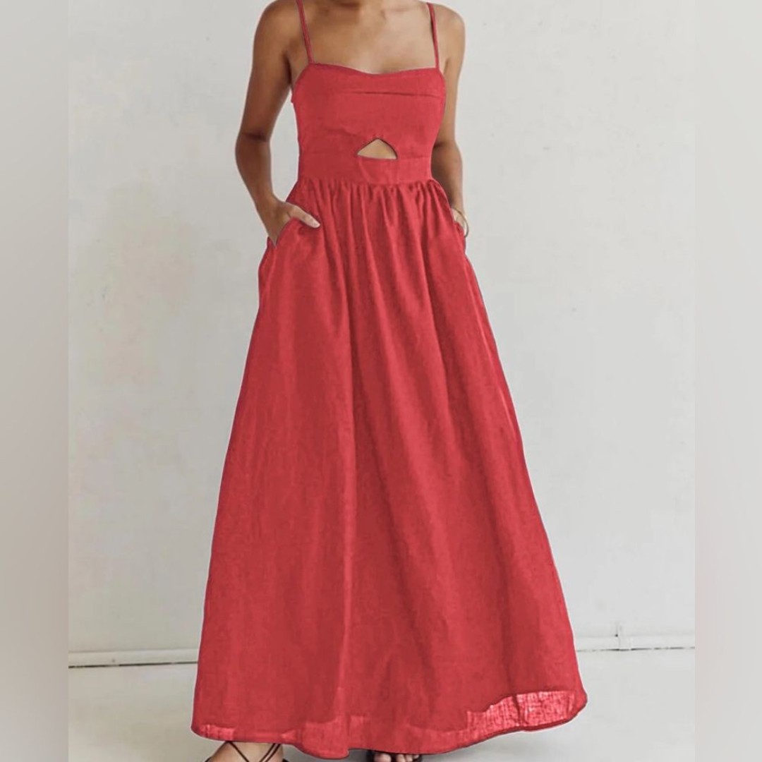 Commense Cotton Sleeveless Pockets Cutout Long Dress size M