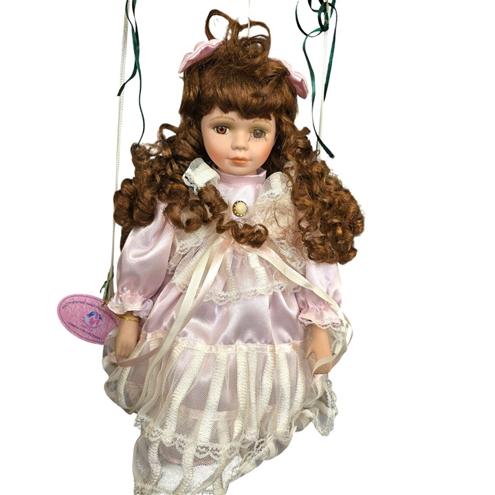 Limited Edition Porcelain Swing Doll With Brown Curly Hair Pink Dress JJ3825