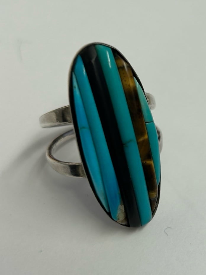 Vintage sterling silver turquoise onyx tiger eye cornrow inlay ring sz 7.50-7.75