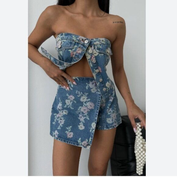Piral Flower Print Denim Set Size Small EUC