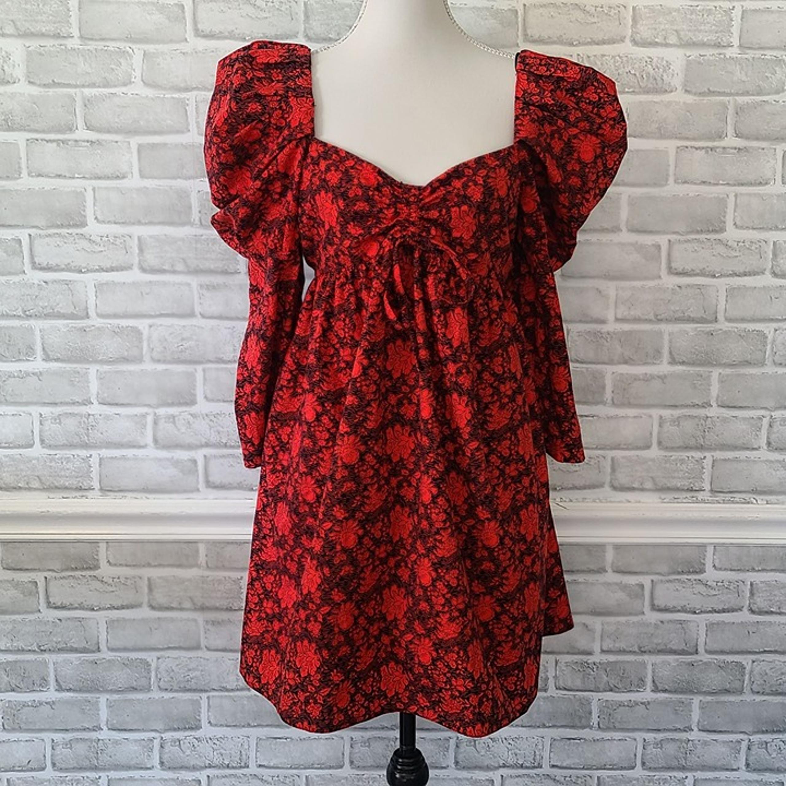 Topshop Volume Sleeve Red Floral Mini Dress NEW 10 Festival Open Back Western