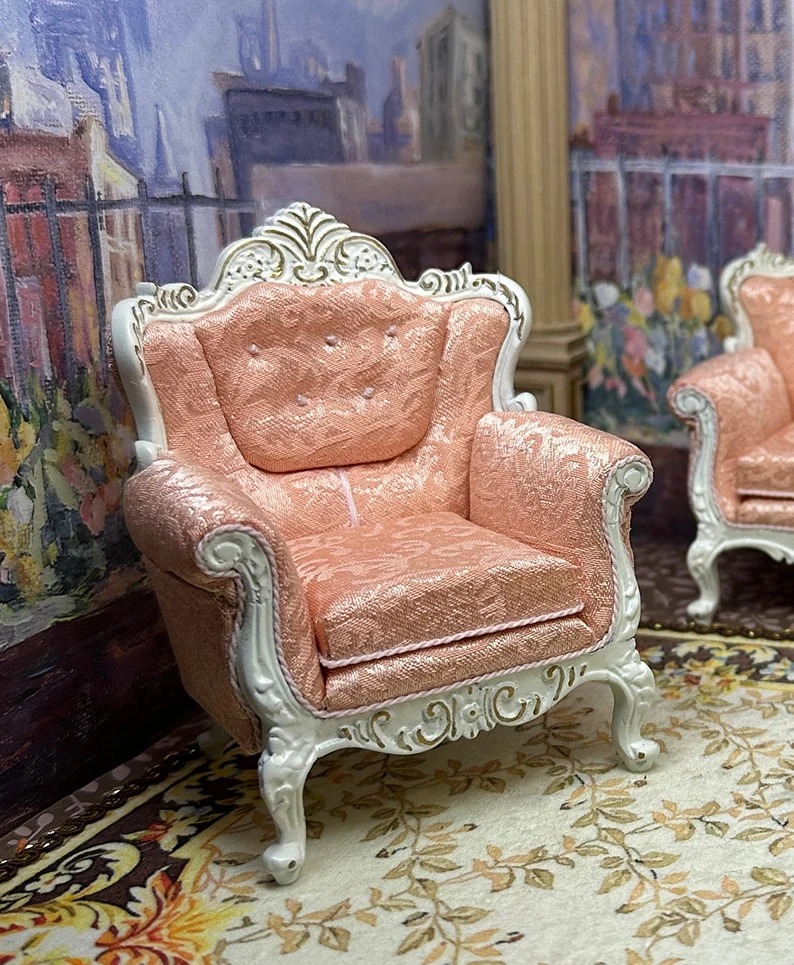 France Louis XV Rococo Shadow Pink Tufted Armchair Fleur de lis Carving