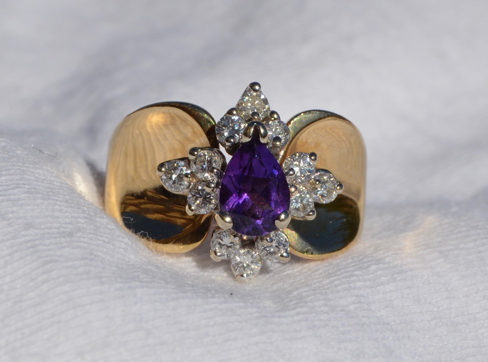 14k Plumb Gold Ring, .75ct Pear Cut Natural Amethyst & .60ctw VVS Diamonds, 6.9g