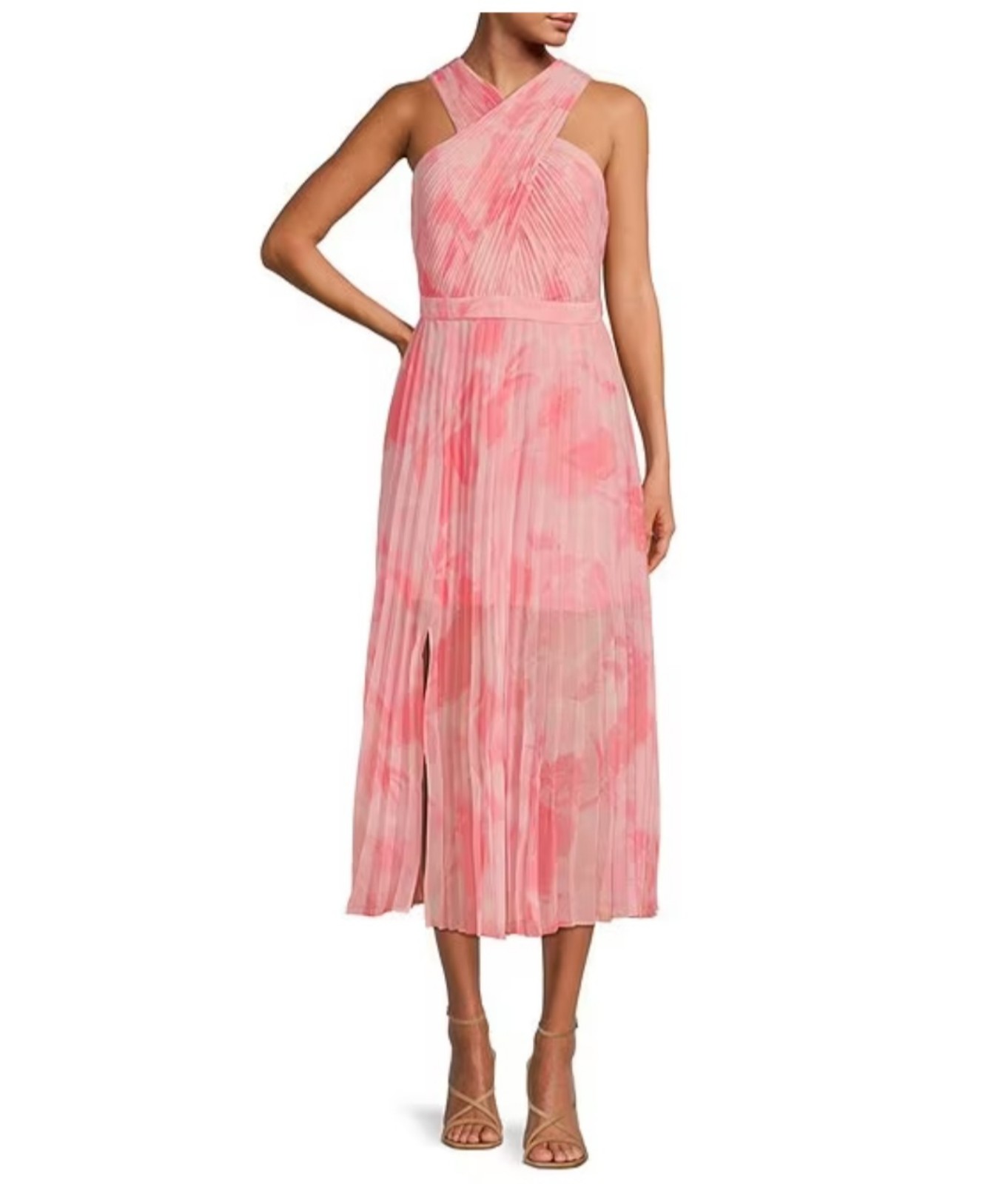 Ted Baker London Mirelia Printed Cross Front Neck Sleeveless Pleated Midi Dress