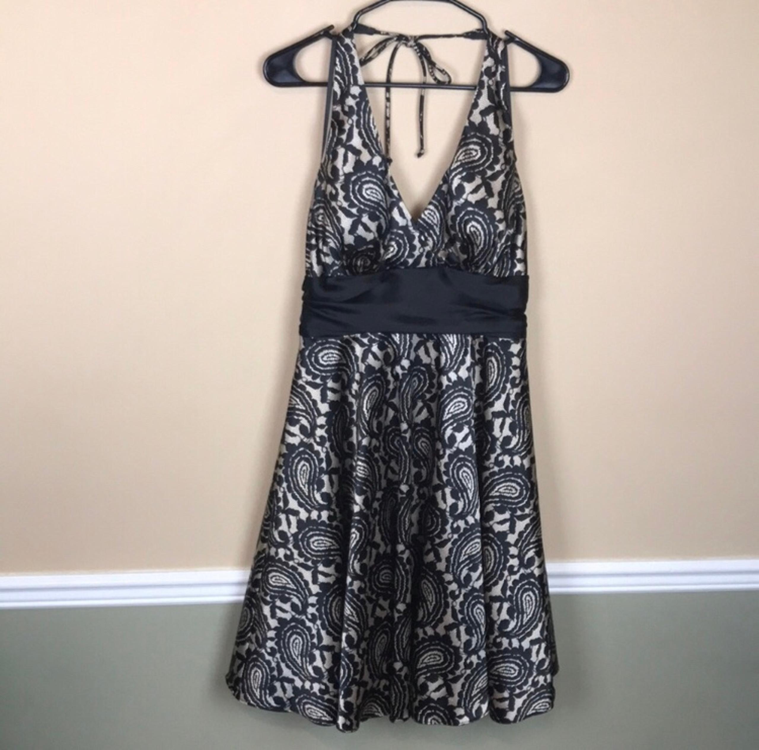 Betsy & Adam Women’s Cocktail Evening Pattern Black Beige Fit Flare Halter Dress
