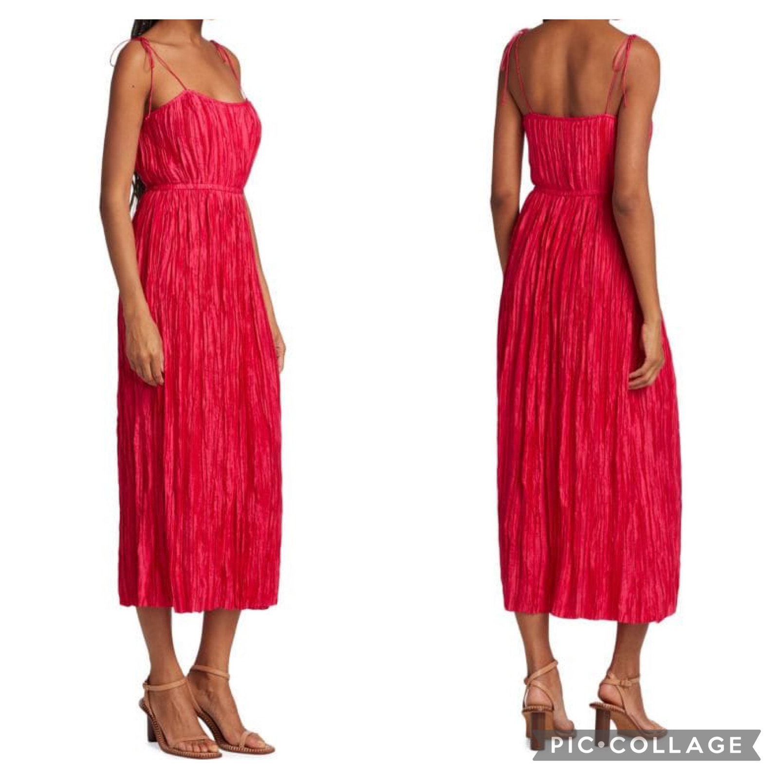 New ULLA JOHNSON Orla Tie Shoulder Satin Plissé Midi Dress in Orchard Sz 12