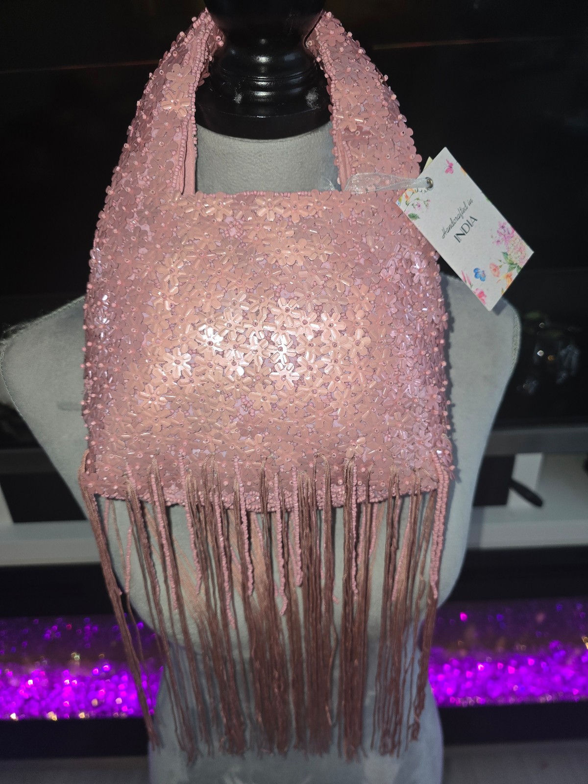 Pink Flowers Beaded Bag with Fringe Handmade in India Viral TikTok Bag