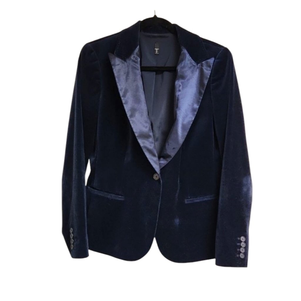 T Tahari Luxurious Blue Velvet Blazer with Satin Lapels Sz: 12 Style # FR8T3106