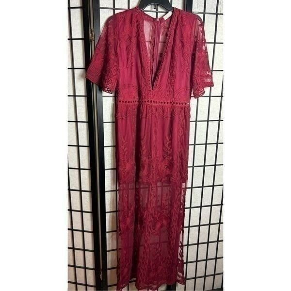 Eleter Burgundy Lace Short Sleeve Romper Dress