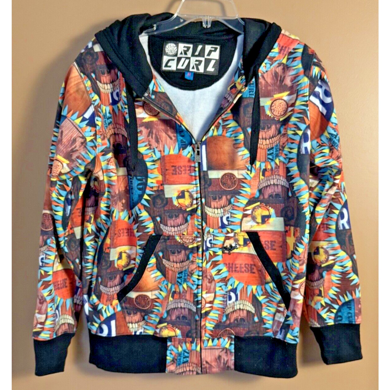 Vintage RIP CURL Hoodie AOP Skull Print Zip Up Sweatshirt Size M Y2K Skater