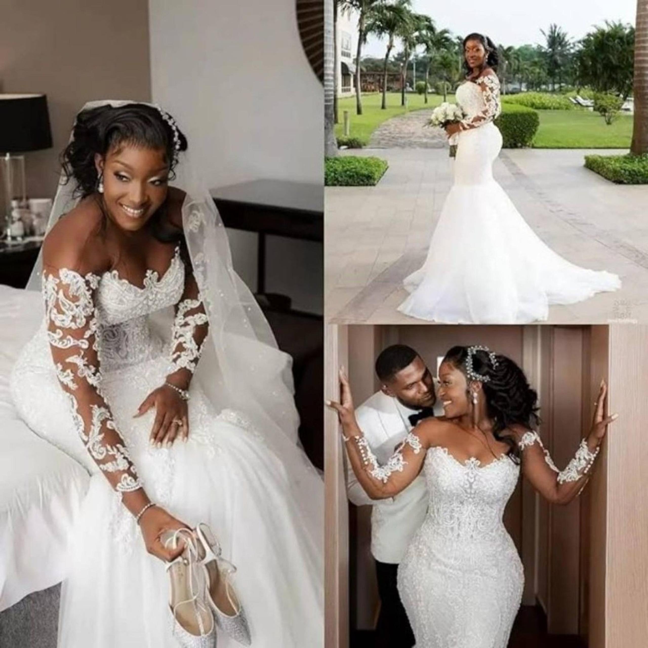 IS-NWT US4 Mermaid Wedding Dress Lace Appliqued Beach Boho Wedding Gowns Beaded