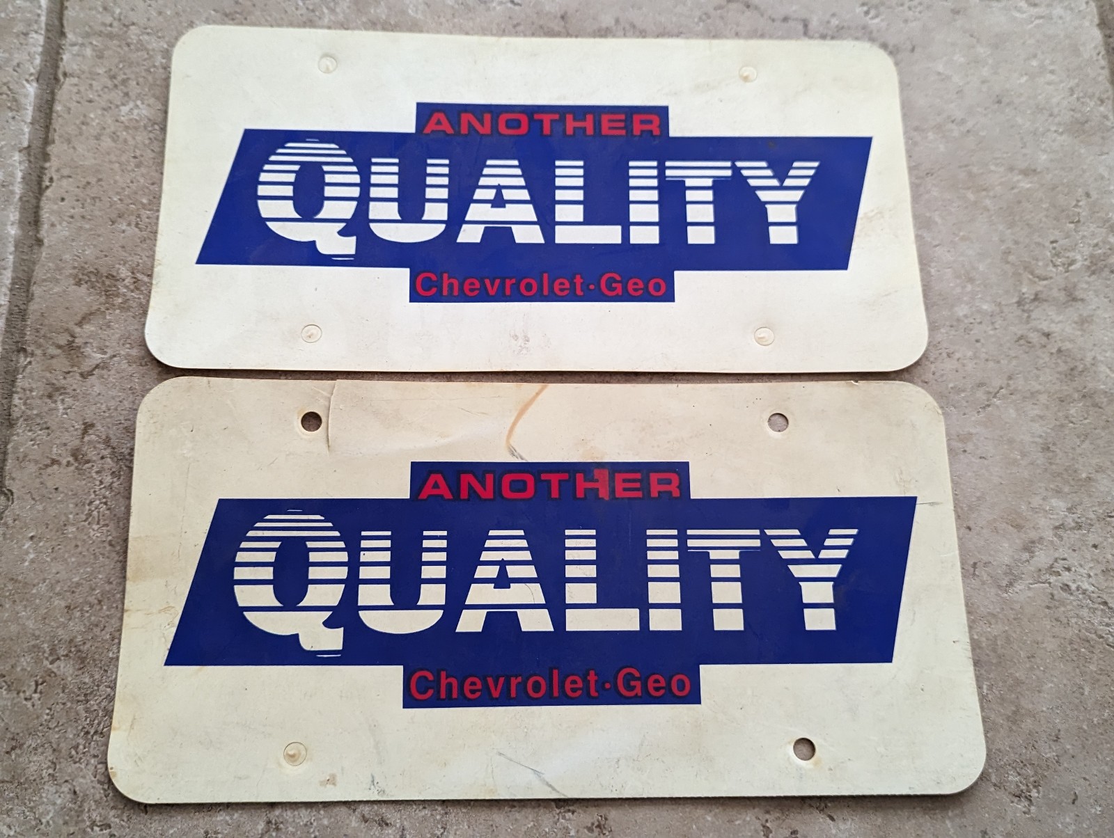 2x Vintage Plastic Another Quality Chevrolet Geo Front Vanity License Plate