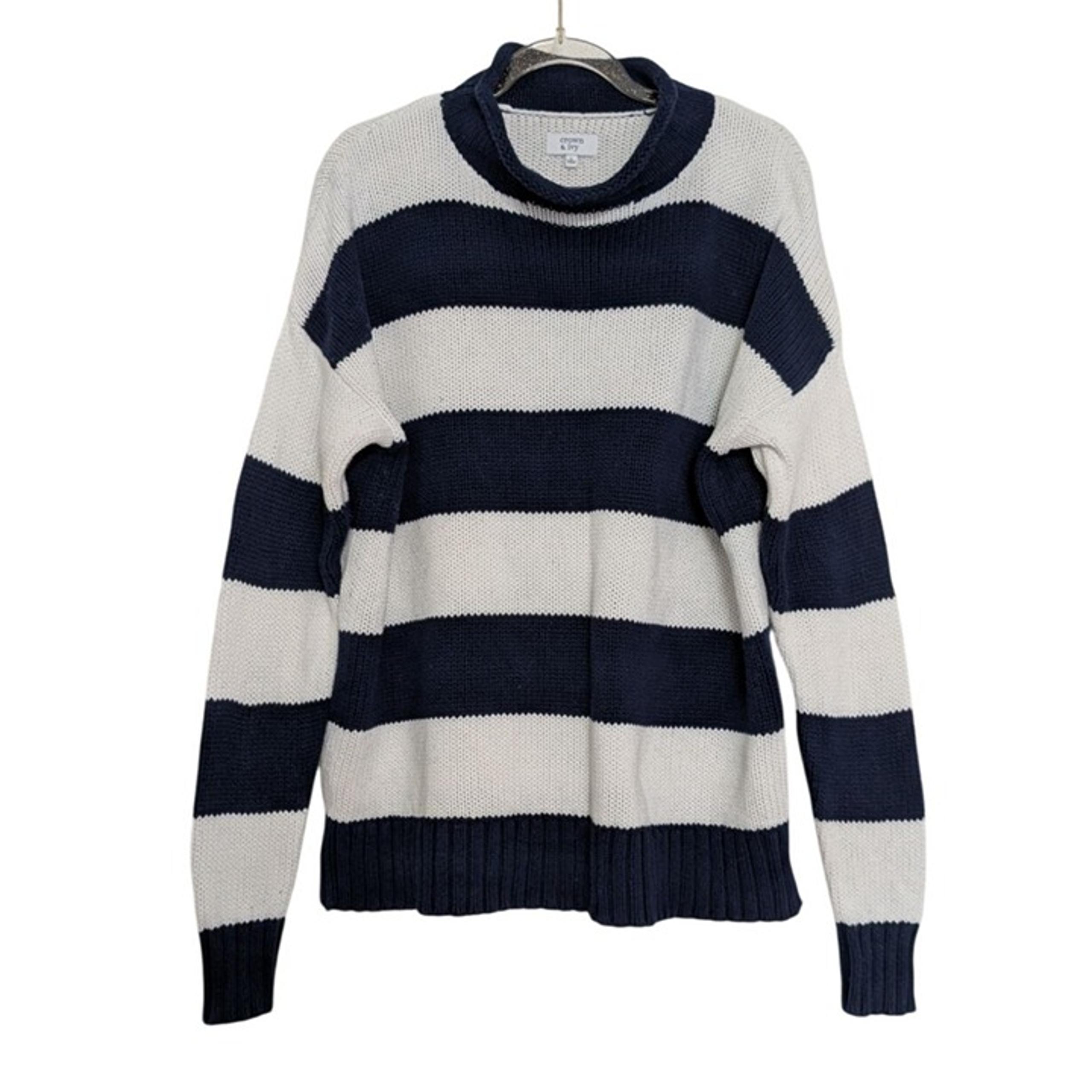 Crown & Ivy Stripe Sweater Womens Size Large Blue Nautical Long Sleeve Mock Neck
