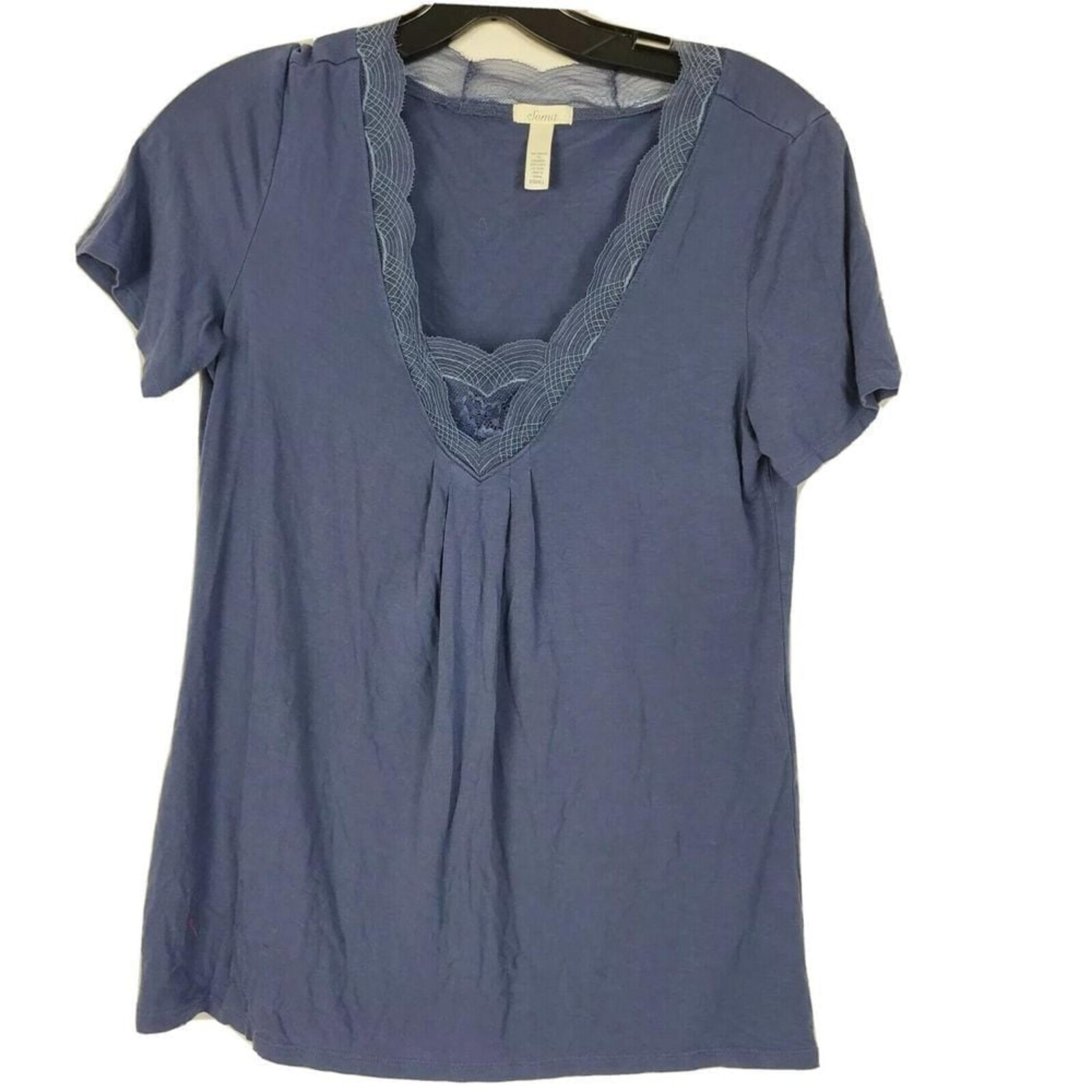 Soma Cool Nights Pajama Top Shirt XS Blue Lace Neckline Short Sleeve Sleepwear