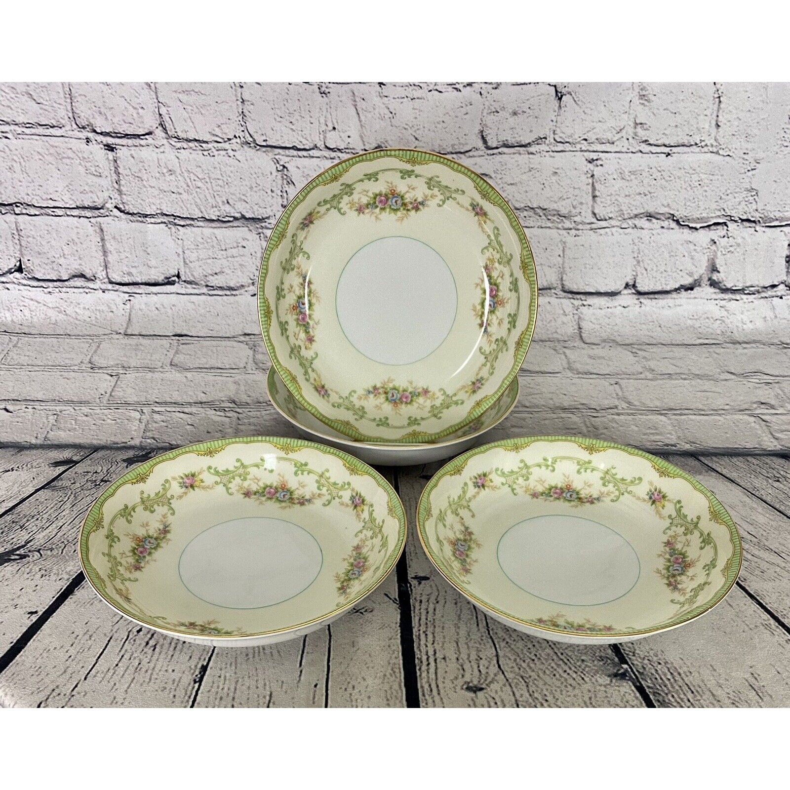 4 Marlene Noritake 7.25 Salad Soup Bowls Green Border Floral Sprays 1930's
