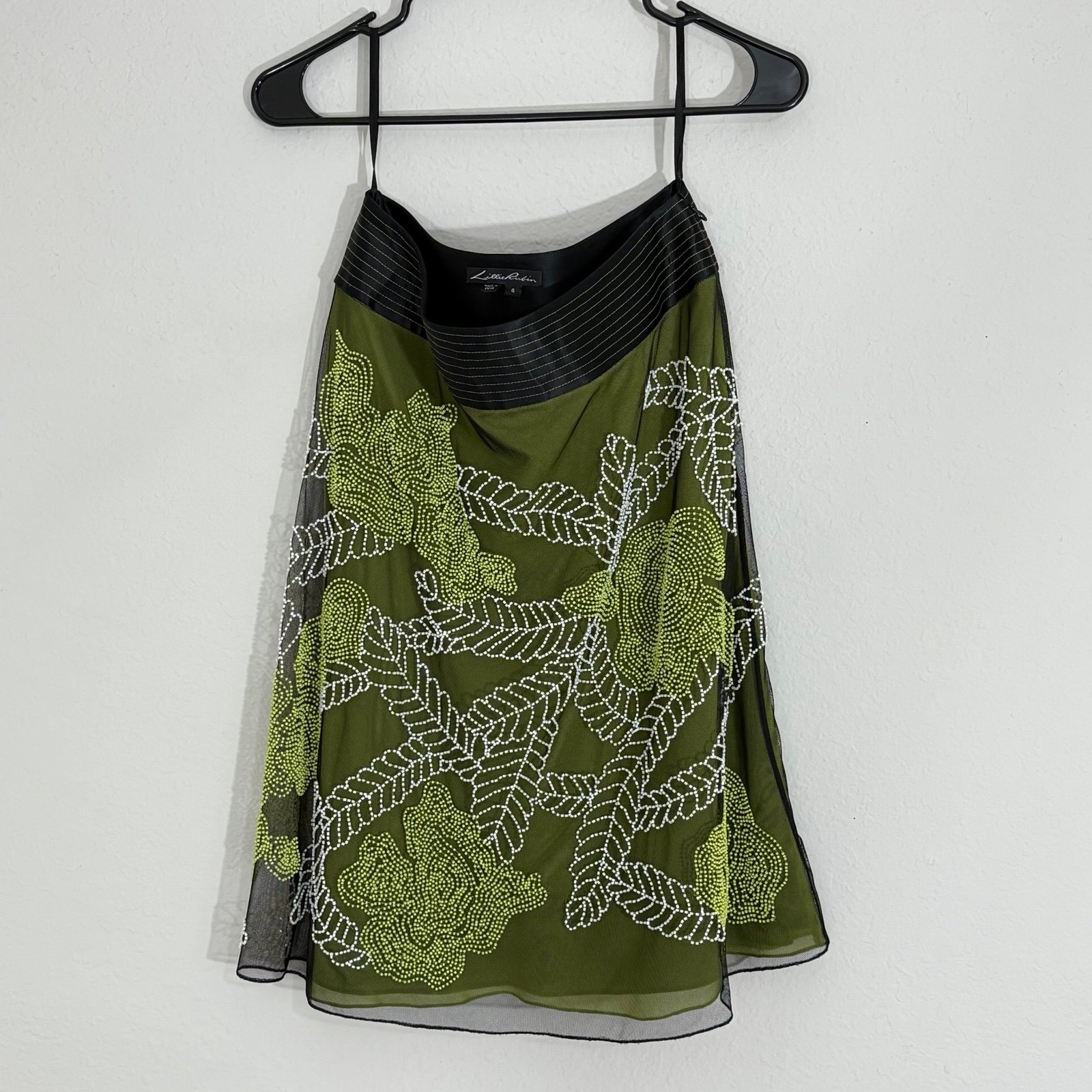 Vintage Y2k Style Lillie Rubin Floral Beaded Skirt, Green Mesh w/ Lining Size 4