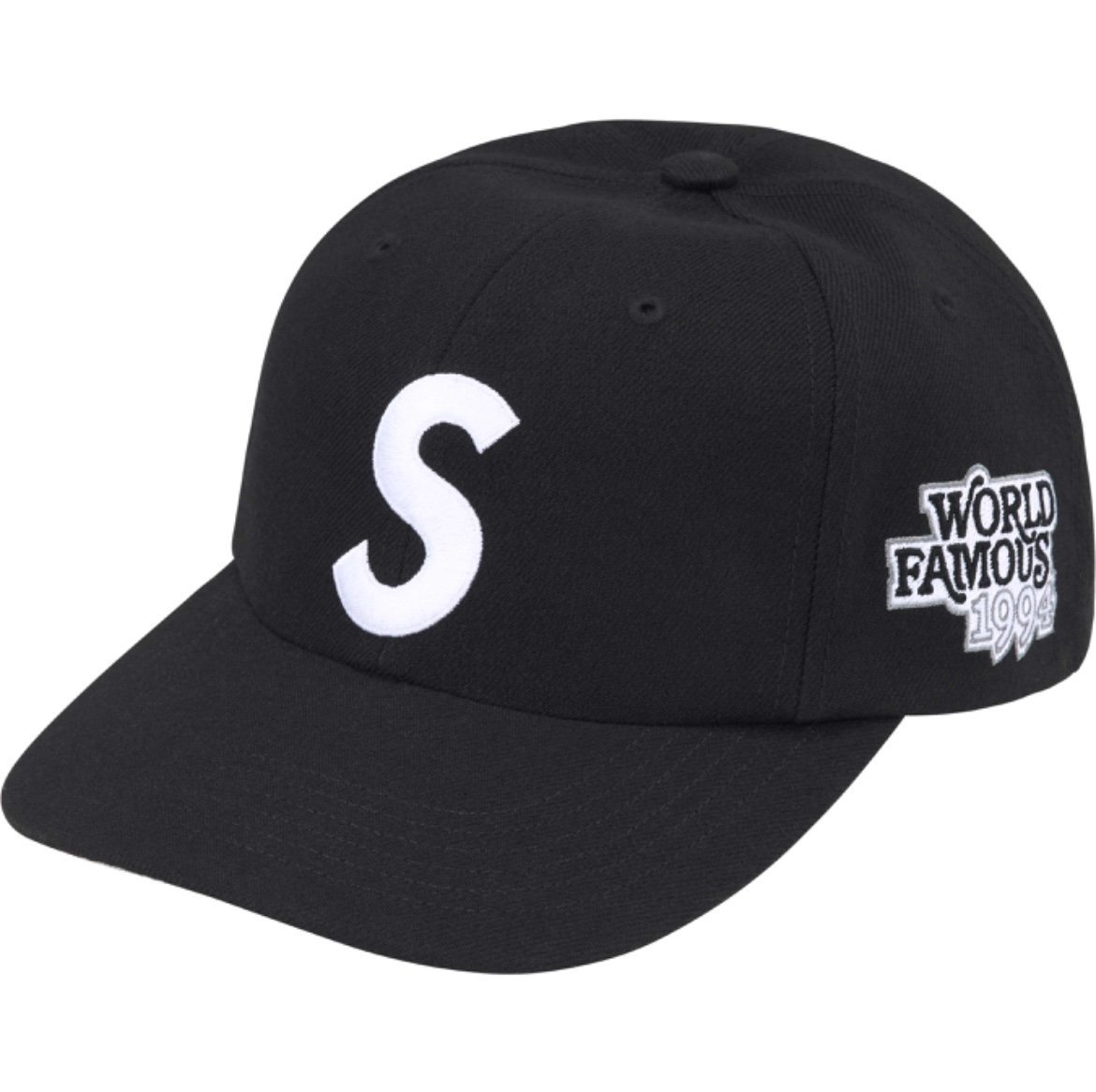 Supreme World Famous S Logo 6-Panel Black Hat SS25 with stickers