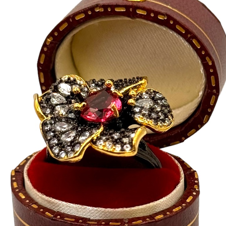 NWT Orchid Flower Cocktail Ring Sz.7.5 14K Black Gold Over S925 Silver