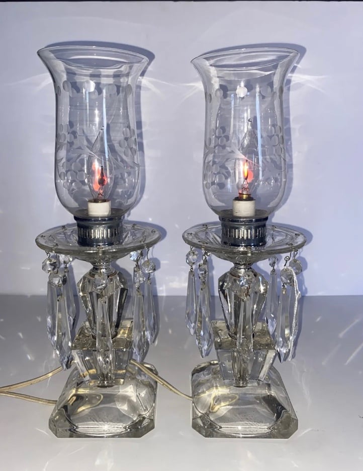 Vintage Pair of Etched Cut Leaded Crystal Hurricane Mantle Lamps Prisms