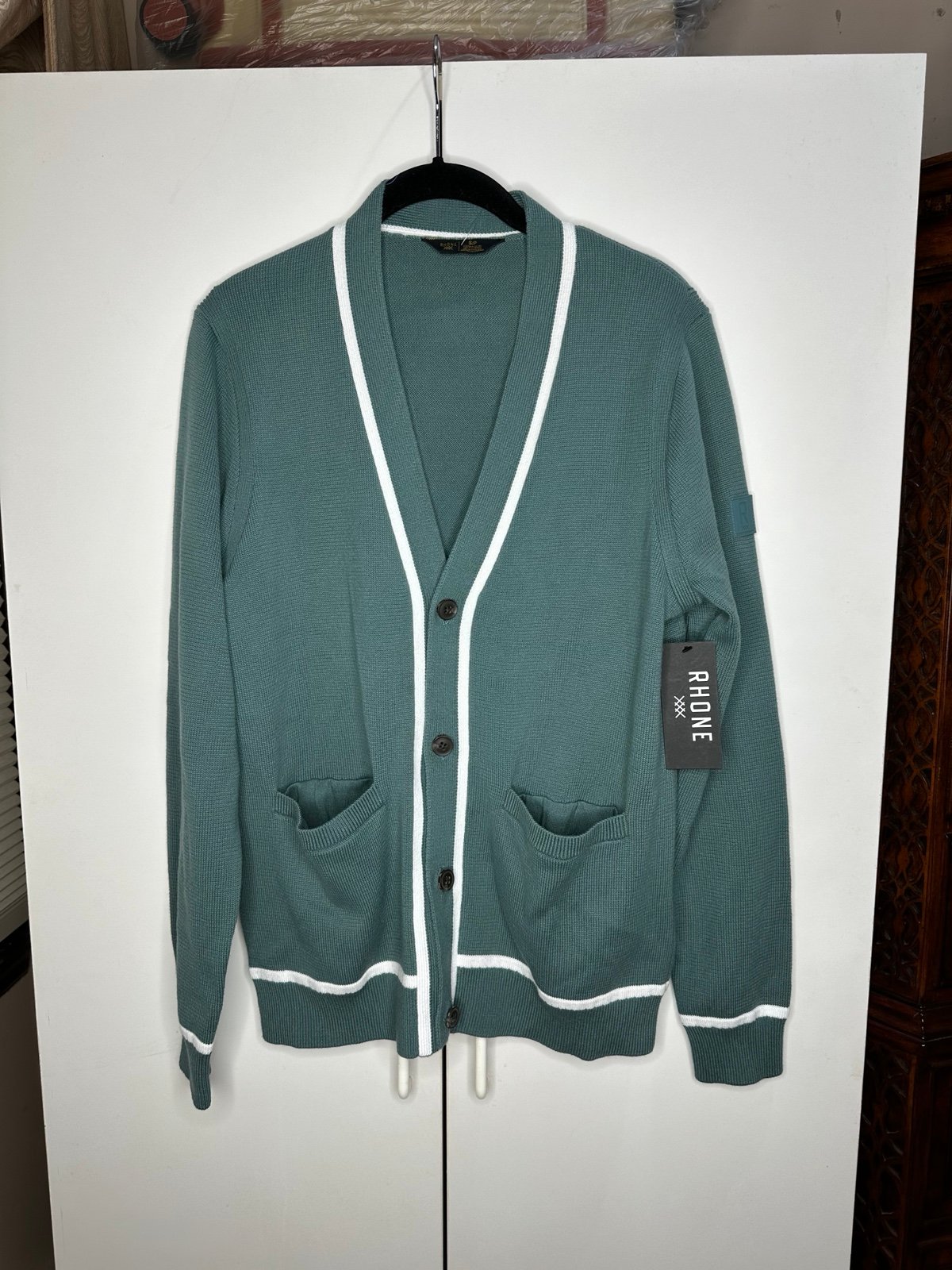 Rhone Performance Earl Golf Cardigan Tidal Green Knit Sweater Cotton Small NEW