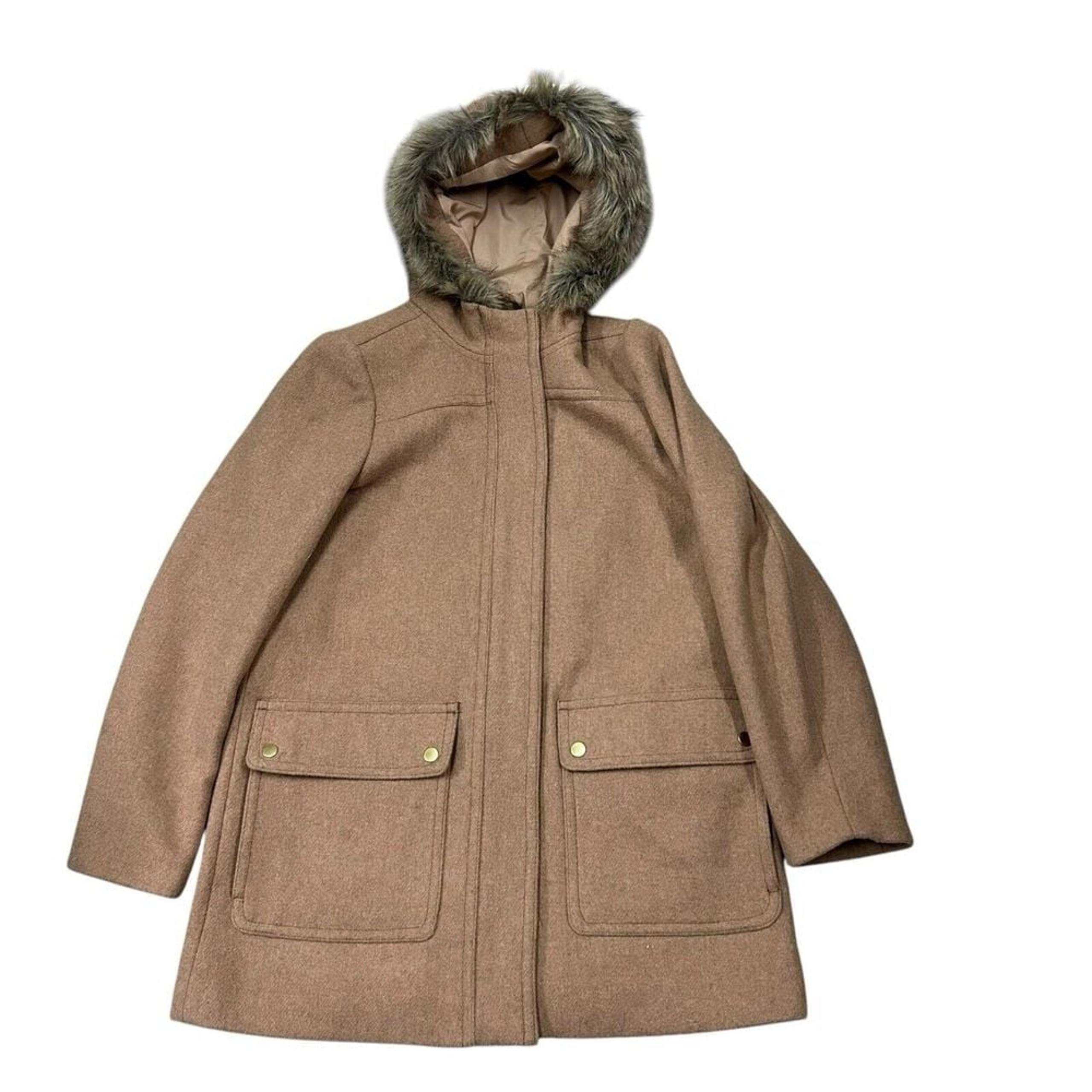 J Crew Mercantile Vail Parka Coat Women's 8 Brown Wool Blend Faux Fur Hood Zip