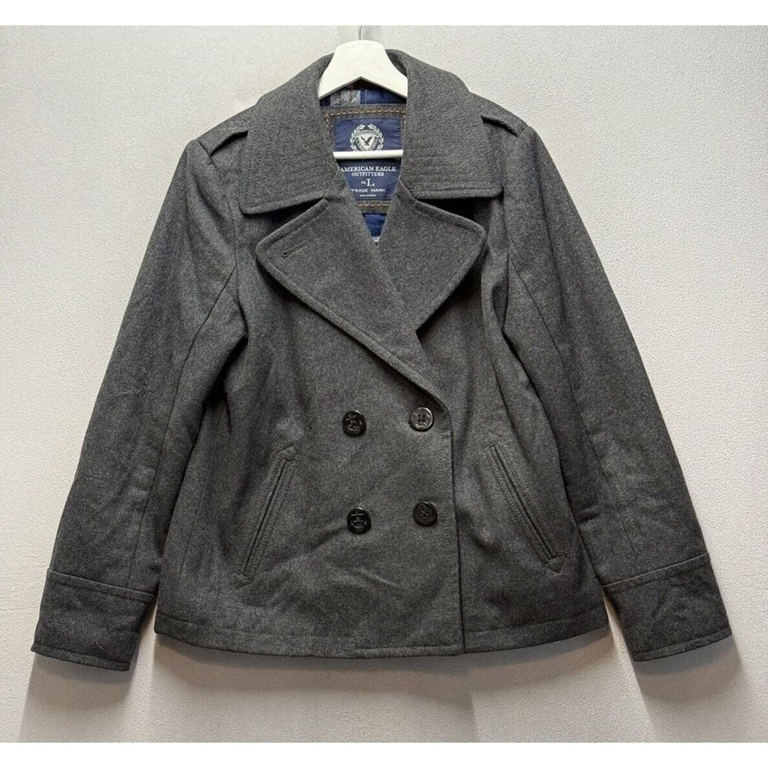American Eagle Women's Sz L Peacoat Gray Double Breasted Wool Blend Coat Jacket