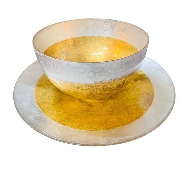 Vintage Italian Glass Bowl & Plate Silver Gold Leaf Decorated Set made in Italy