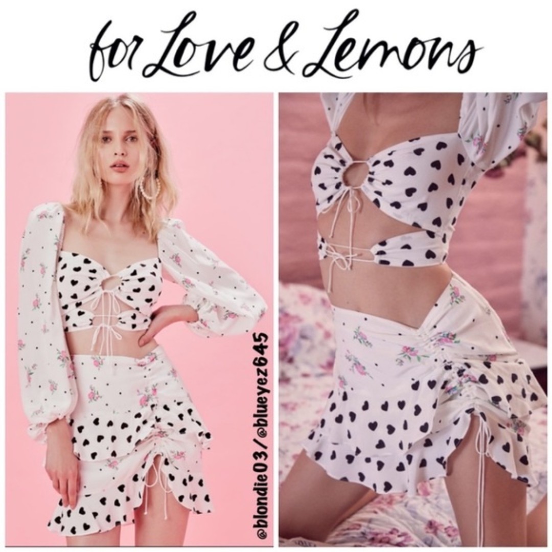 For Love & Lemons “Lucia” white polka dot heart floral mini skirt M