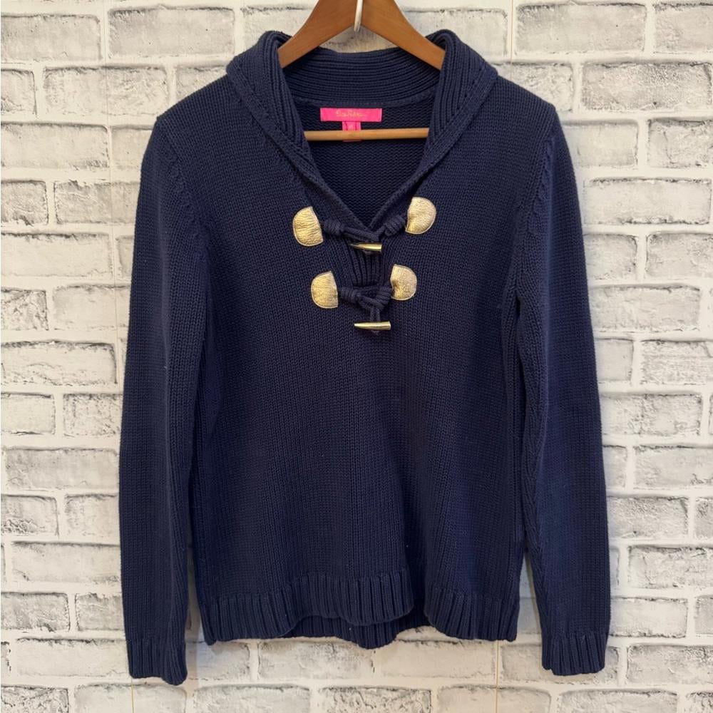 Lilly Pulitzer Bainbridge blue collared gold accent buttons sweater Medium