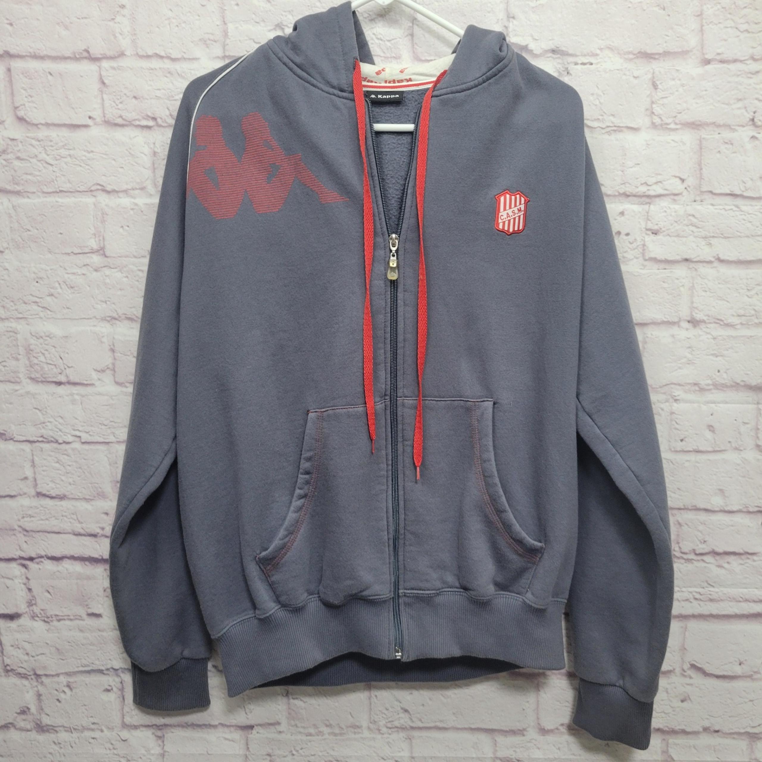 Kappa Hoodie Mens XL Gray Red Front Logo CASM Hood Spellout Full Zip Drawstring