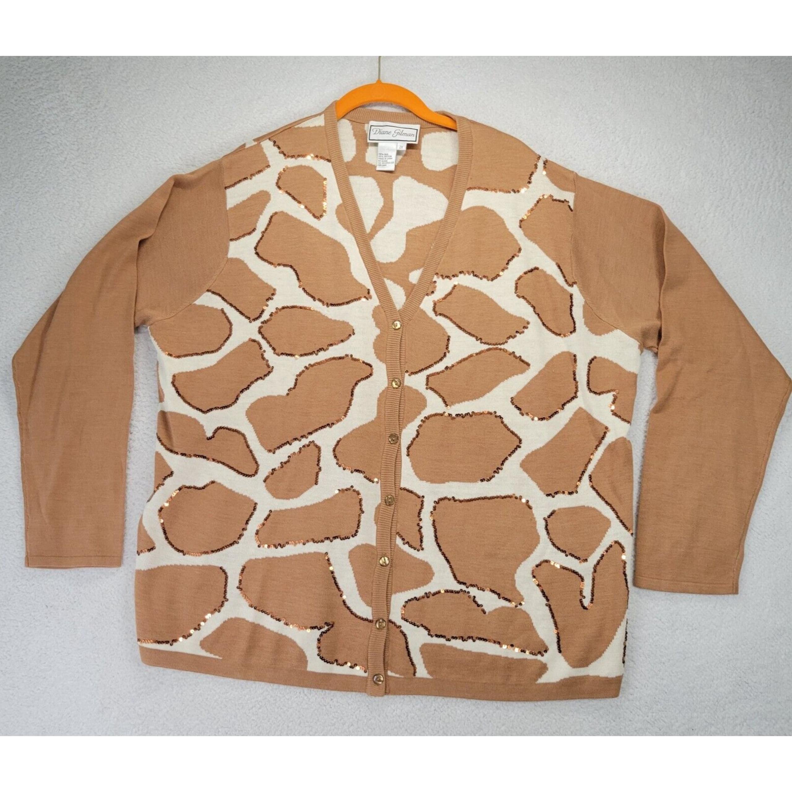 Diane Gilman Cardigan Sweater Womens 2XL Giraffe Print Silk Blend Button Down 2X