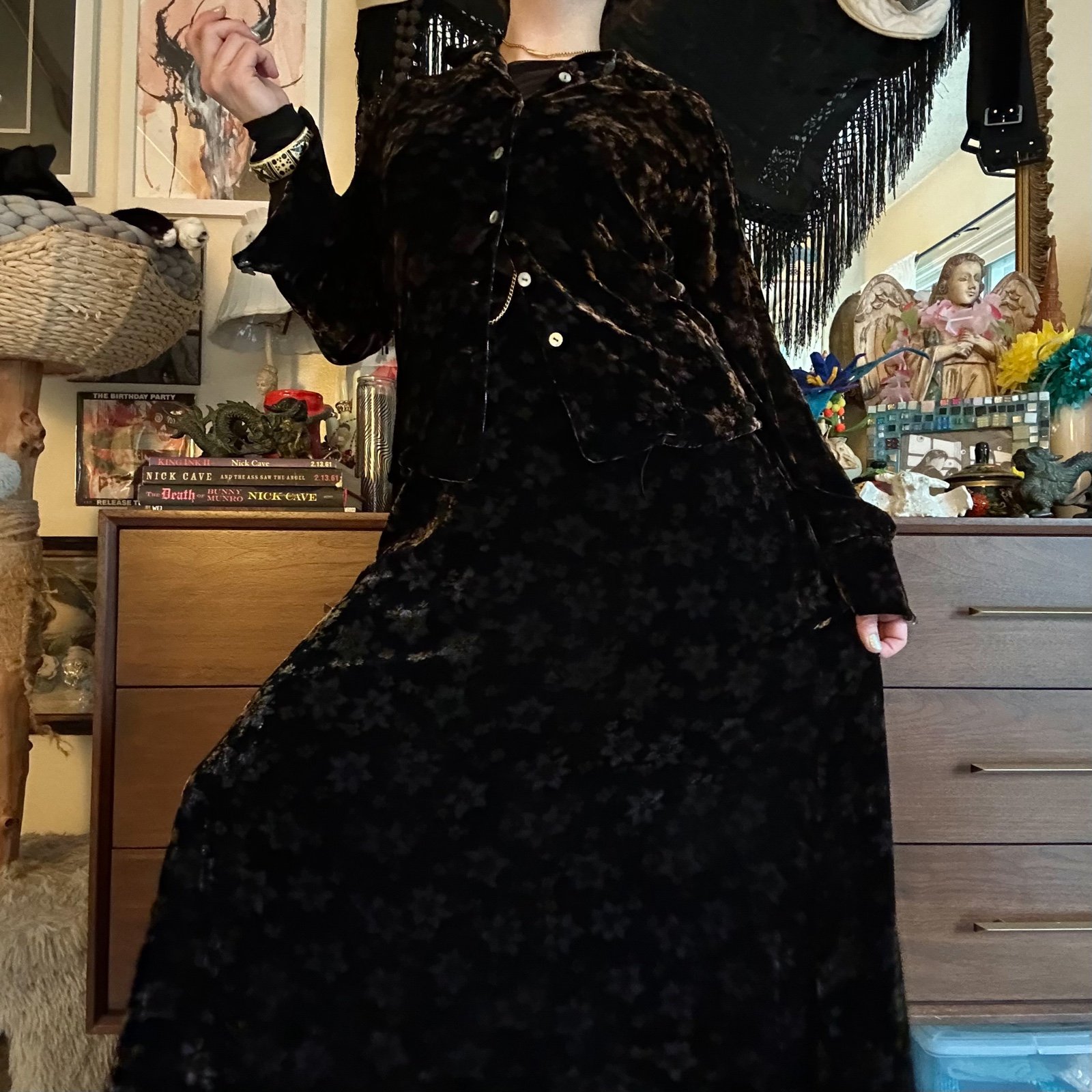 telluride clothing company dark floral knit velvet two piece skirt set