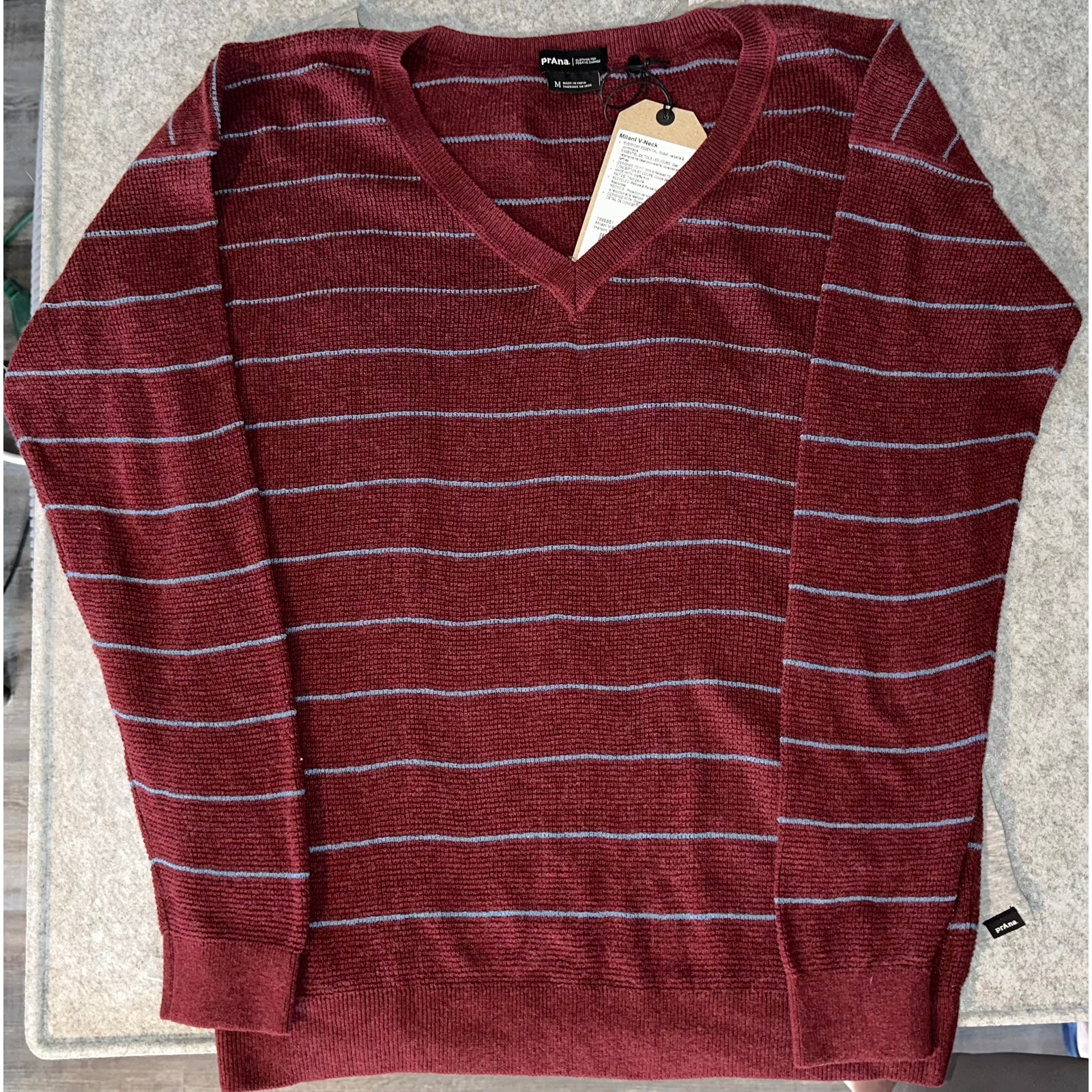 prAna Milani V-Neck Sweater Maroon stripe, Size Medium organic cotton