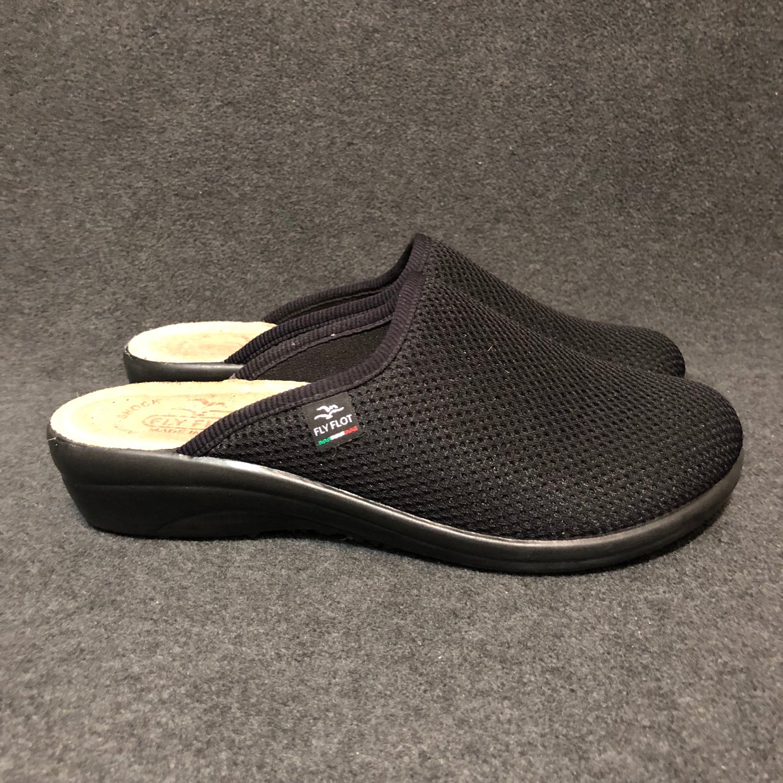 Fly Flot Shoes Clogs Womens 38 US 7.5 Black Mesh Anti-Shock Anatomic Wedge Mule