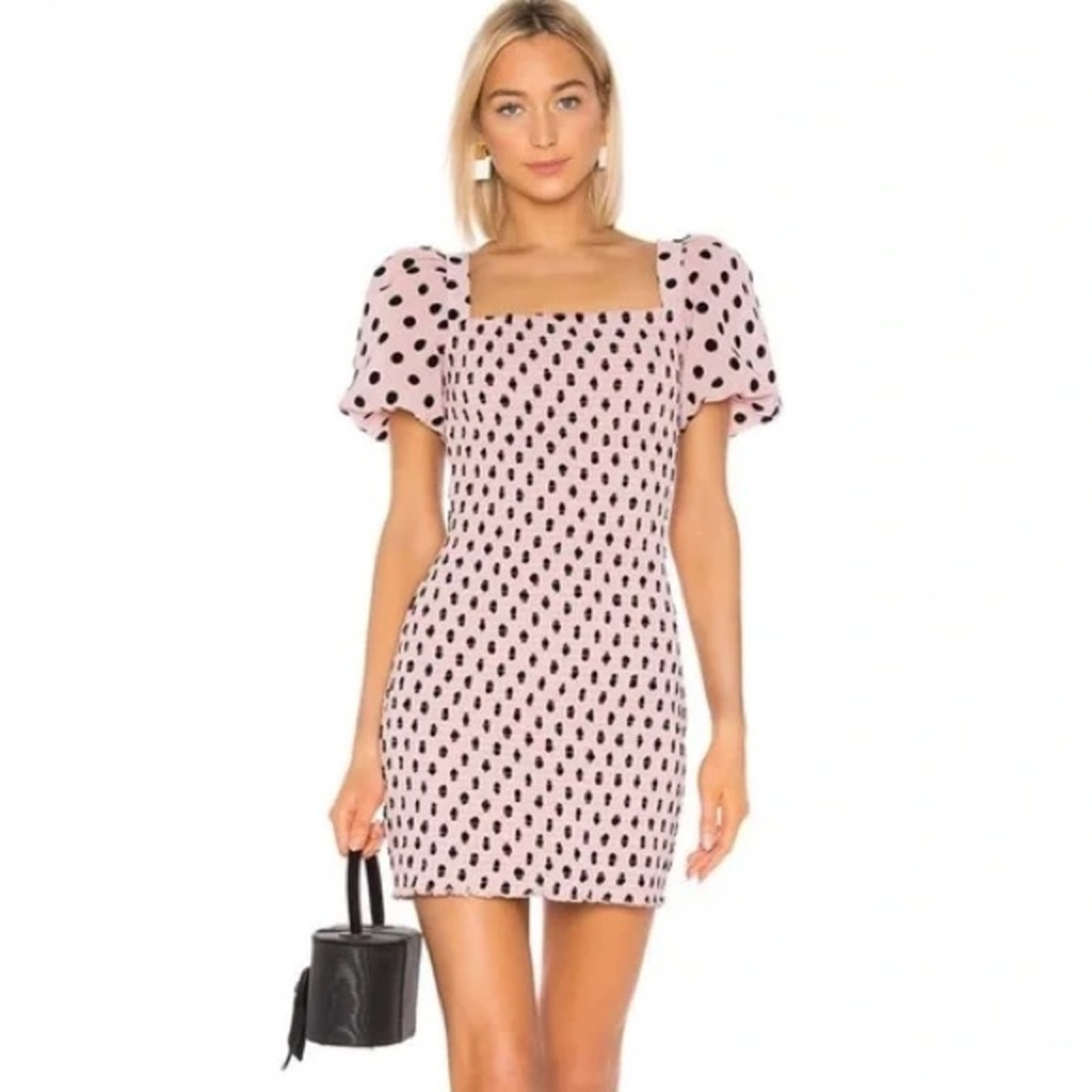 LPA Filomena Smocked Mini Dress Pink - Black Polka Dot Size Large NWT