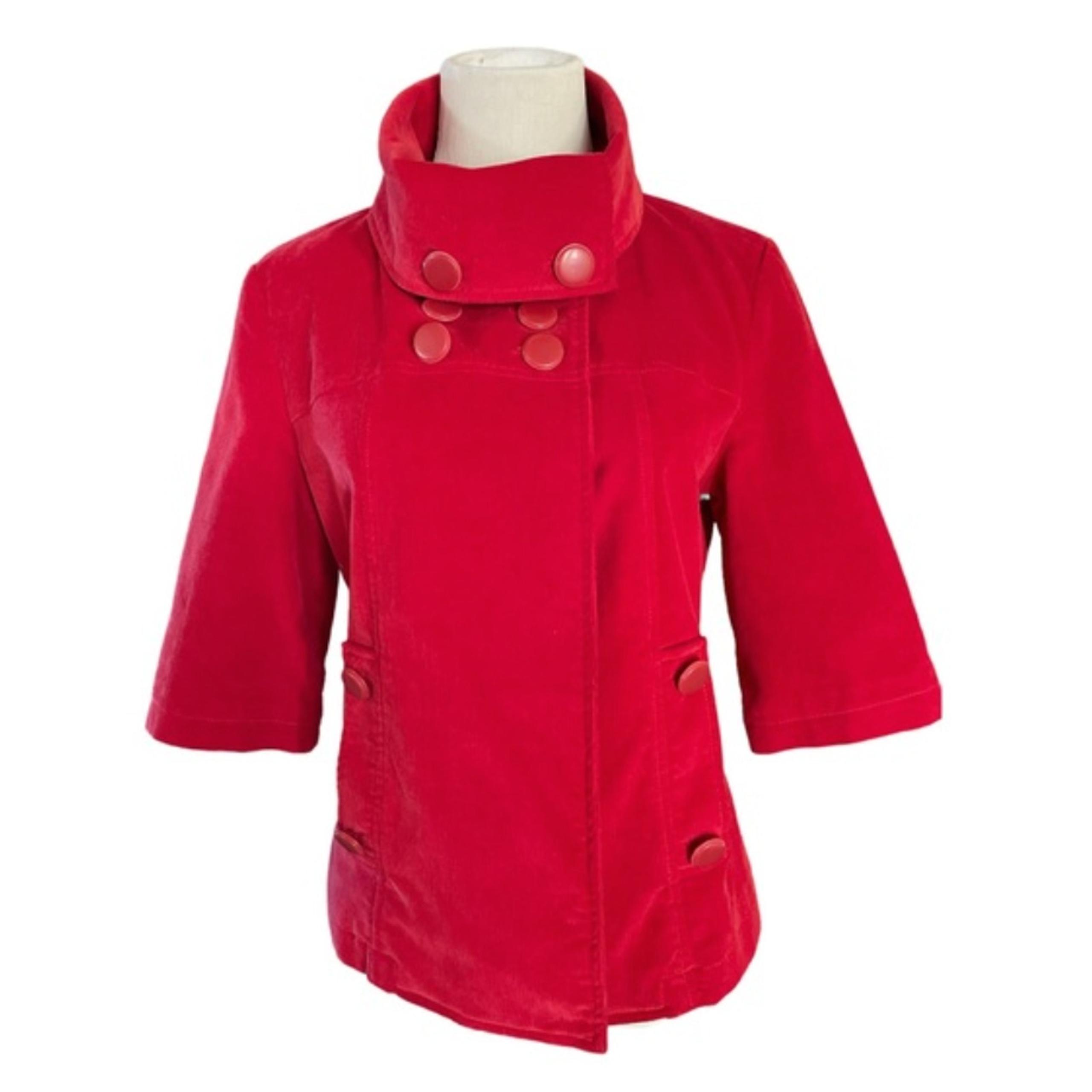 Red Corduroy Turquoise Lined Foldover Collar Jacket 3/4 Sleeves S - Tulle